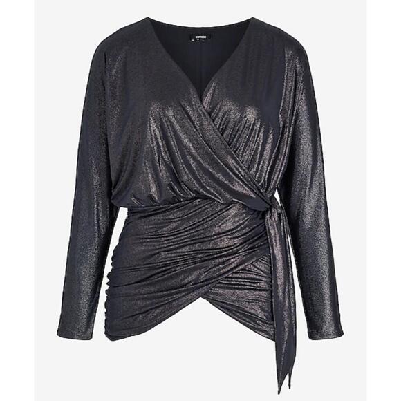 NWT Metallic Surplice Blouse Long Sleeves Wrap Design Side Tie - Picture 1 of 4